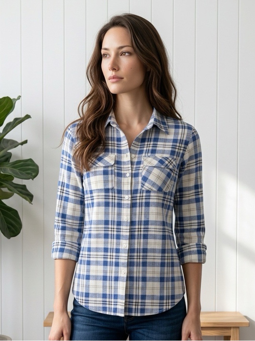 Equipment Femme White/Blue/Black Plaid Silk Shirt, Size M